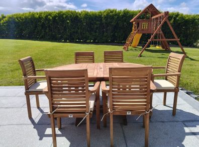 Premium Solid Teak Extending Garden Dining Set 6 Chairs & Cushions