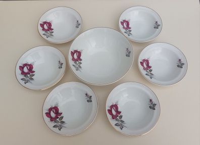 Beautiful Set of Six Dessert Bowls plus Matching Large Bowl by Arklow Pottery in the Very Popular and Collectable "Autumn Rose" Pattern