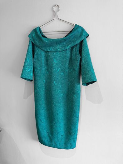 Pre Owned Coco Doll Teal Jacquard Off-The-Shoulder Cocktail Dress
