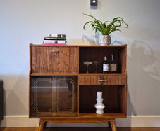 Mid-Century Cocktail Cabinet with gold-leafed backing vintage mirror