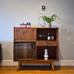 Mid-Century Cocktail Cabinet with gold-leafed backing vintage mirror