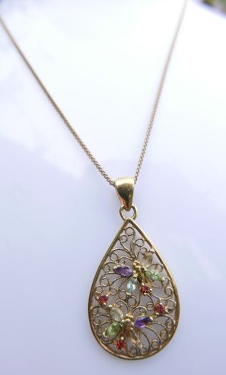 Vintage 18K Gold Plated Sterling Silver 925, Butterflies Crystal Oval Pendant Necklace, length 18" - 5,83g