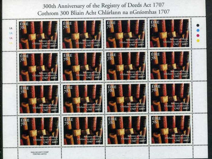 2007 Ireland 300th Anniversary of the Registry of Deeds Act Commemorative Stamp Sheetlet Plate 1A1A1A1A Mint Never Hinged (MNH)