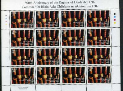 2007 Ireland 300th Anniversary of the Registry of Deeds Act Commemorative Stamp Sheetlet Plate 1A1A1A1A Mint Never Hinged (MNH)