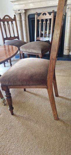 mahogany coffee table and 6 chairs, corner cabinet , 3 crystal bowls