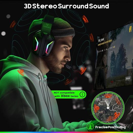 Wireless Gaming Headset for PS5, PS4, PC, Switch, Mac  Dual-Mode 2.4GHz  Bluetooth 5.4 Gaming Headphones with ENC Noise Cancelling Mic, 50mm Drivers, Dynamic LED Lights, 50H Playtime