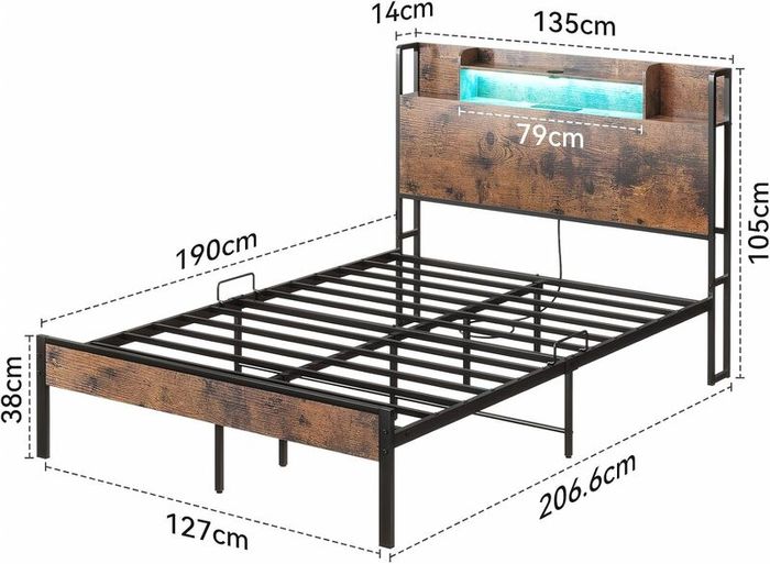 4ft6 Double Bed Frame with Storage Wooden Headboard | LED Light & Charging Station, Platform Metal Bed Frame Double with Underbed Storage