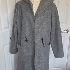 Grey Hooded Wool Look Midi Coat Jacket Oversized Minimalist Winter UK 12