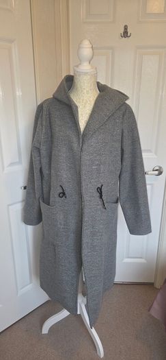 Grey Hooded Wool Look Midi Coat Jacket Oversized Minimalist Winter UK 12