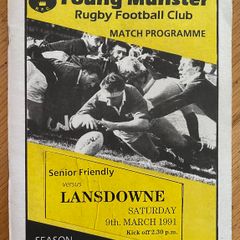 Very Rare 1991 Young Munster v Lansdowne - Senior Friendly Programme