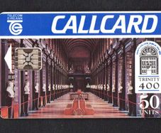1992 Ireland 50 unit 400 Years of Trinity College's existence showing Trinity Library DameLane address (Schlumberger) Call Card Used. Telecom Eireann card number 1037