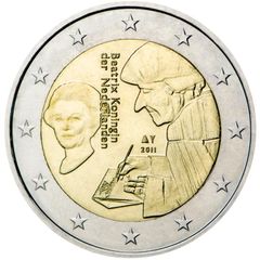 Netherlands 2 Euro Commemorative Coin 2011 -  500th Anniversary of the Publication of the World-famous Book Laus Stultitiae by Desiderus Erasmus.