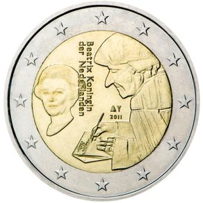 Netherlands 2 Euro Commemorative Coin 2011 -  500th Anniversary of the Publication of the World-famous Book Laus Stultitiae by Desiderus Erasmus.