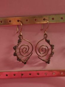 Copper Wire Earrings, Leaf Inspired Handmade spiral Dangles with Dark Beads