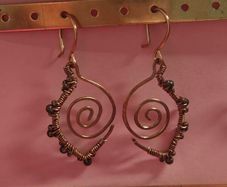 Copper Wire Earrings, Leaf Inspired Handmade spiral Dangles with Dark Beads