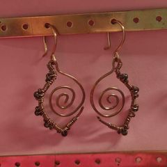 Copper Wire Earrings, Leaf Inspired Handmade spiral Dangles with Dark Beads