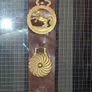 Antique Horse Brass Hanging Strap, Brown Leather Strip Mounted Five Brass Medallions Horse Brasses. Postage Available or Collection Image 2