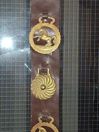 Antique Horse Brass Hanging Strap, Brown Leather Strip Mounted Five Brass Medallions Horse Brasses. Postage Available or Collection