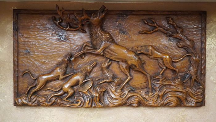 Large Hand-Carved Wooden Hunting Scene Relief Panel