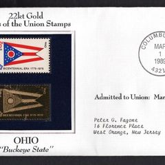 1988 USA Ohio "Buckeye State" 22kt Gold Replica of the 1976 United States Flag Stamps showing 25c US flag definitive tied Columbus, Ohio (state capital) illustrated cover