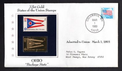 1988 USA Ohio "Buckeye State" 22kt Gold Replica of the 1976 United States Flag Stamps showing 25c US flag definitive tied Columbus, Ohio (state capital) illustrated cover