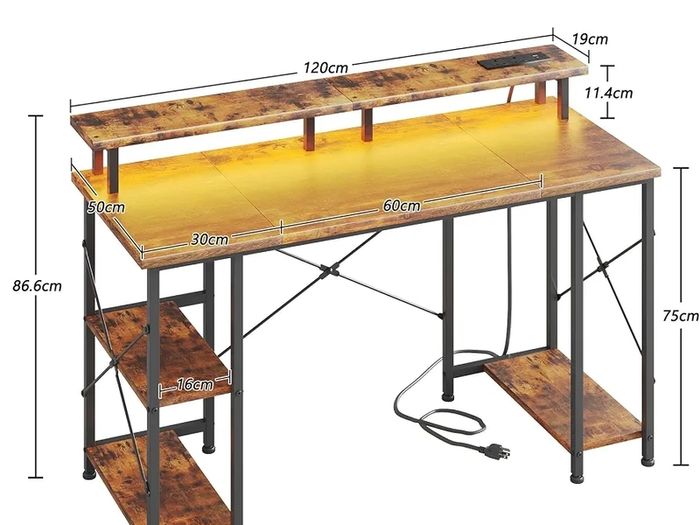 Gaming Desk with LED Lights & Power Outlets, 120 50cm Computer Desk with Storage Shelves & Dual Monitor Stand, for Home Office Study Bedroom Small Spaces, Brown