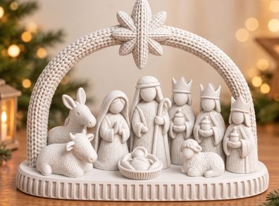 Modern white knit-effect nativity scene set - 3D Printed