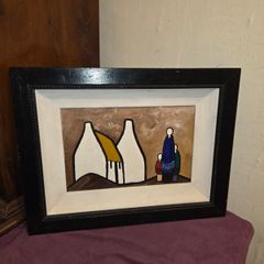 Oil on Board Shawlies and Cottages painting - Framed