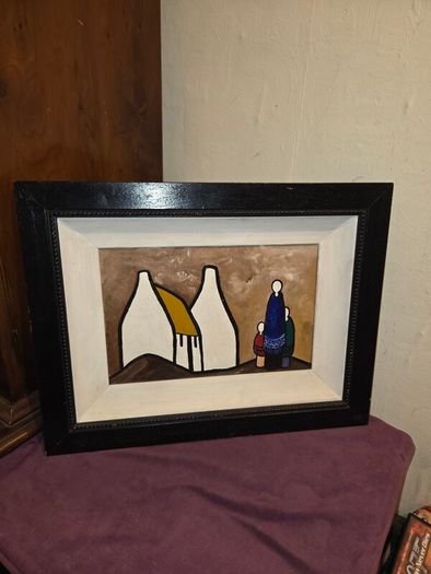 Oil on Board Shawlies and Cottages painting - Framed