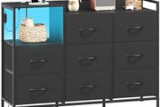 Chest of Drawers with Charging Station and LED Light, 8 Drawers Storage Unit for Bedroom with Outlets and USB Ports, Storage Cabinet for Kids Dorm Living Room Closet, Black