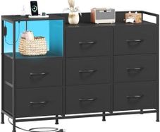 Chest of Drawers with Charging Station and LED Light, 8 Drawers Storage Unit for Bedroom with Outlets and USB Ports, Storage Cabinet for Kids Dorm Living Room Closet, Black