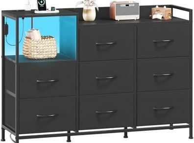 Chest of Drawers with Charging Station and LED Light, 8 Drawers Storage Unit for Bedroom with Outlets and USB Ports, Storage Cabinet for Kids Dorm Living Room Closet, Black