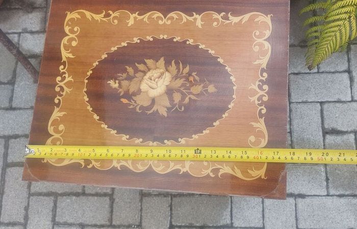 Vintage Mid Century Side Table with a Handmade Marquetry Panel Top Featuring a Floral Motif, Unknown Maker, Presume Italian-Made, Condition Issues, Needs Restoring