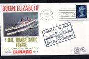1968 Great Britain Cover Celebrating final Transatlantic Voyage of Cunard Queen Elizabeth from Southampton to New York with New York Paquebot cancel on 5d definitive and posted at Sea cancel