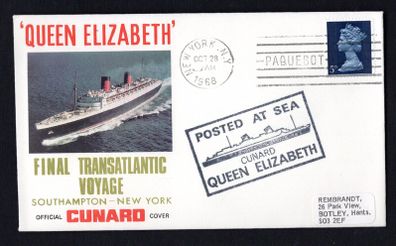 1968 Great Britain Cover Celebrating final Transatlantic Voyage of Cunard Queen Elizabeth from Southampton to New York with New York Paquebot cancel on 5d definitive and posted at Sea cancel