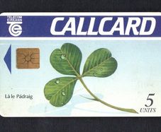 1991 Ireland 5 Unit St. Patricks Day '91 (Shamrock) (Gemplus GEM1) Call Card Used. Telecom Eireann card number 1028