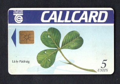 1991 Ireland 5 Unit St. Patricks Day '91 (Shamrock) (Gemplus GEM1) Call Card Used. Telecom Eireann card number 1028