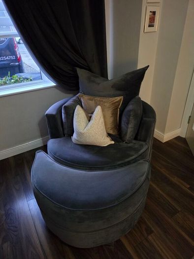 L shape sofa and love chair with foot pouf grey velvet