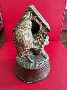Vintage Solid Brass Bird & Birdhouse Figurine / Heavy Paperweight