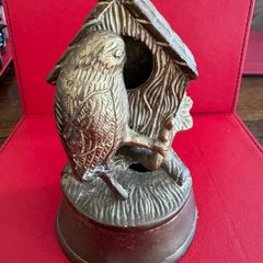 Vintage Solid Brass Bird & Birdhouse Figurine / Heavy Paperweight