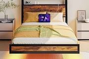 Floating Single Bed Frame with Charging Station and LED Lights, Wood Headboard with Storage Shelves, Heavy Duty Metal Slats, No Box Spring Needed, Noise Free, Easy Assembly, Black