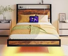 Floating Single Bed Frame with Charging Station and LED Lights, Wood Headboard with Storage Shelves, Heavy Duty Metal Slats, No Box Spring Needed, Noise Free, Easy Assembly, Black