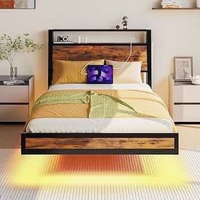 Floating Single Bed Frame with Charging Station and LED Lights, Wood Headboard with Storage Shelves, Heavy Duty Metal Slats, No Box Spring Needed, Noise Free, Easy Assembly, Black