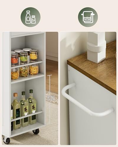 Rolling Kitchen Island Cart with Storage Space Kitchen Island Table with Trash Can, 5 Swivel Castors, Drawer, Spice Rack and Towel Holder for Kitchen