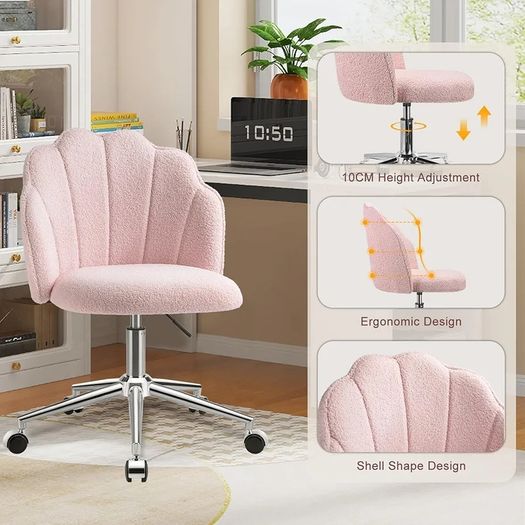 Vanity Chair for Dressing Table with Wheels, Boucle Chair for Bedroom, Swivel Armchair for Home, Height Adjustable&Easy Assembly, Pink