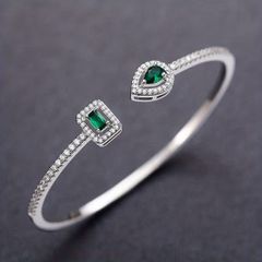 Emerald Stone Crystal Silver Bangle Bracelet