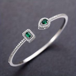 Emerald Stone Crystal Silver Bangle Bracelet
