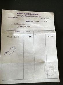 Elvis Memorabilia- Invoice from Memphis Harley Davidson Co to Elvis