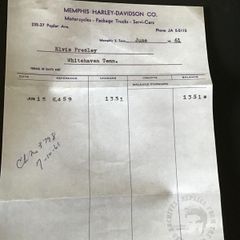 Elvis Memorabilia- Invoice from Memphis Harley Davidson Co to Elvis
