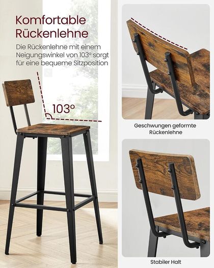 Vintage  Bar Stools Set of 2 with Backrest Steel Frame